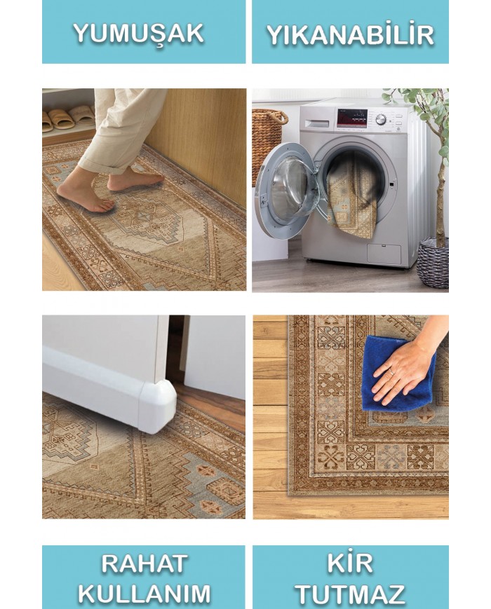 Lukes Vintage Desenli Pamuk Tabanlı Yıkanabilen Kaydırmaz Antibakteriyel Şönil Salon Halısı