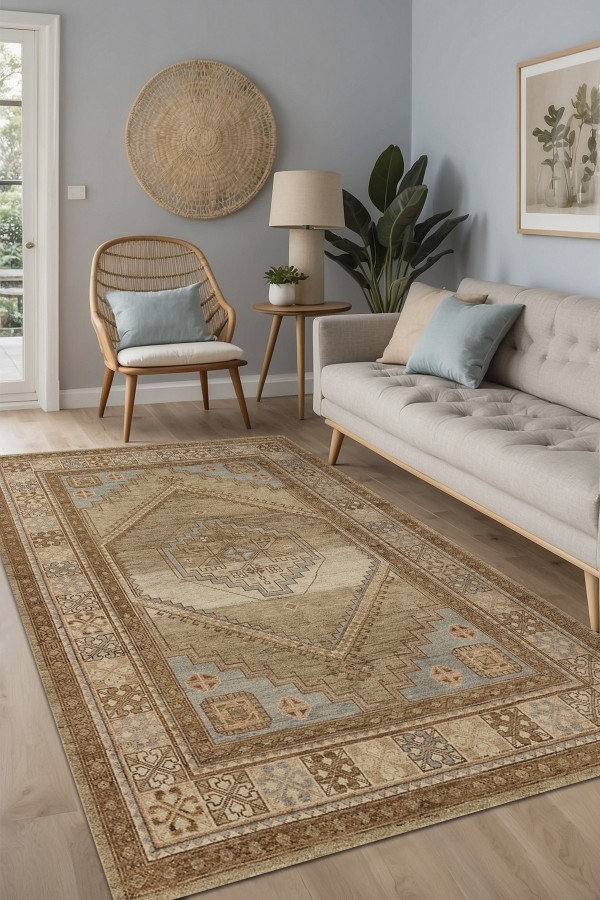 Lukes Vintage Desenli Pamuk Tabanlı Yıkanabilen Kaydırmaz Antibakteriyel Şönil Salon Halısı