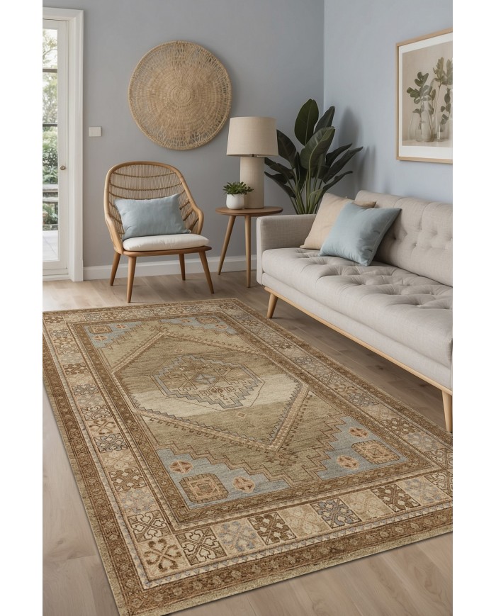 Lukes Vintage Desenli Pamuk Tabanlı Yıkanabilen Kaydırmaz Antibakteriyel Şönil Salon Halısı