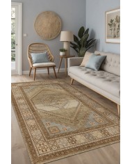 Lukes Vintage Desenli Pamuk Tabanlı Yıkanabilen Kaydırmaz Antibakteriyel Şönil Salon Halısı