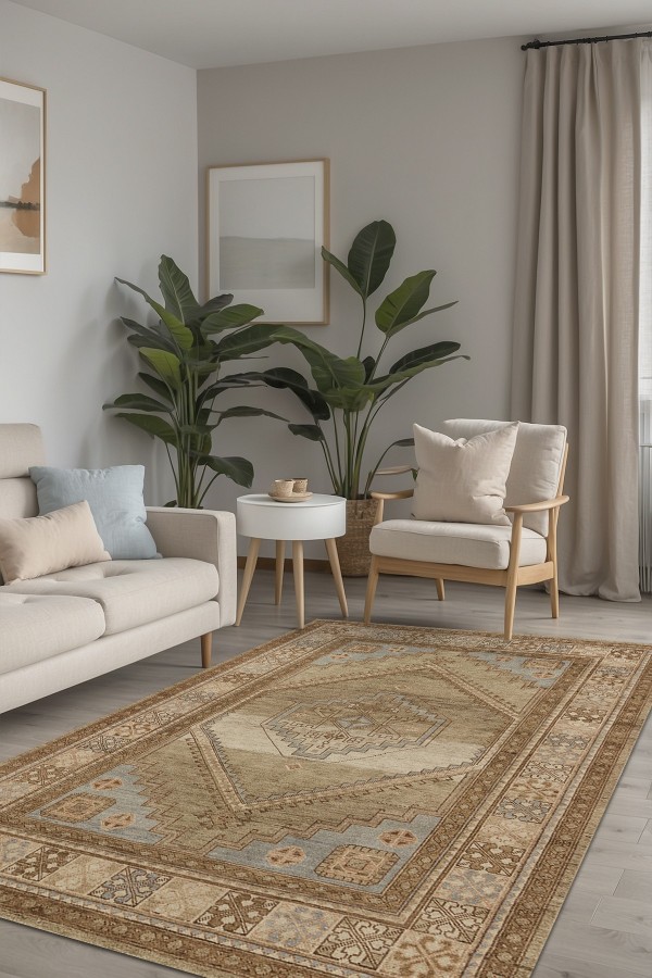 Lukes Vintage Desenli Pamuk Tabanlı Yıkanabilen Kaydırmaz Antibakteriyel Şönil Salon Halısı