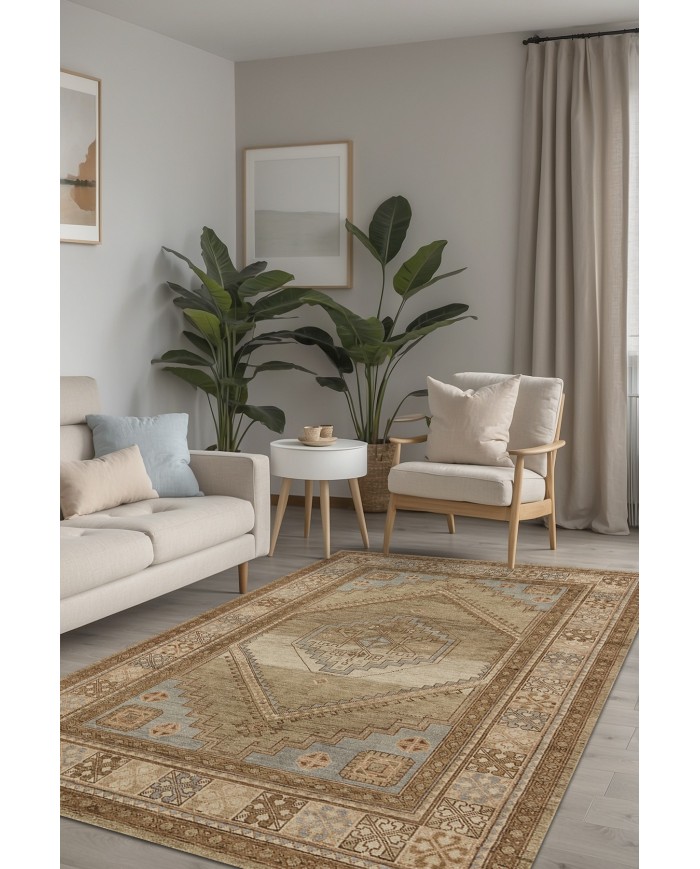 Lukes Vintage Desenli Pamuk Tabanlı Yıkanabilen Kaydırmaz Antibakteriyel Şönil Salon Halısı