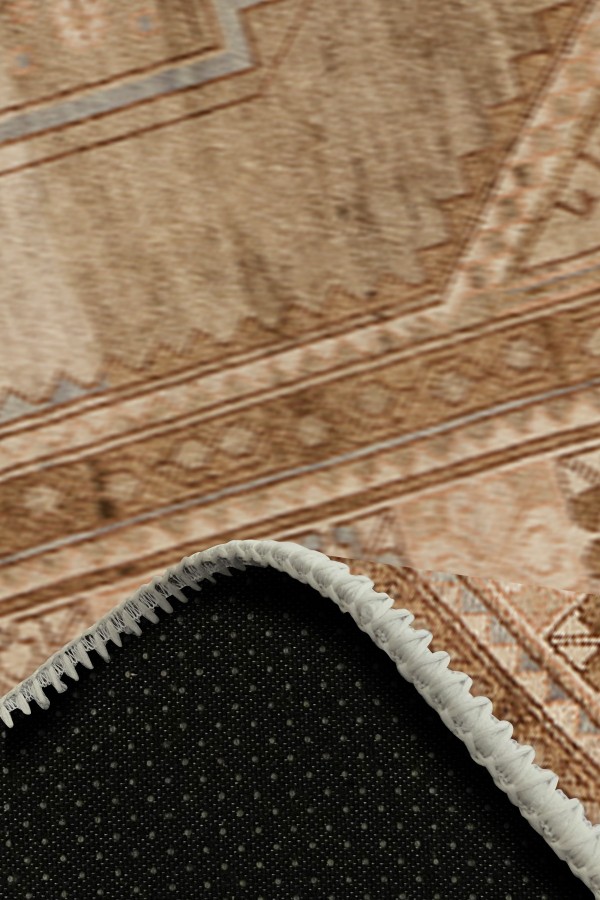 Lukes Vintage Desenli Pamuk Tabanlı Yıkanabilen Kaydırmaz Antibakteriyel Şönil Salon Halısı