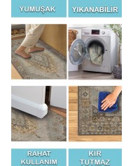 Lunka Vintage Desenli Pamuk Tabanlı Yıkanabilen Kaydırmaz Antibakteriyel Şönil Salon Halısı
