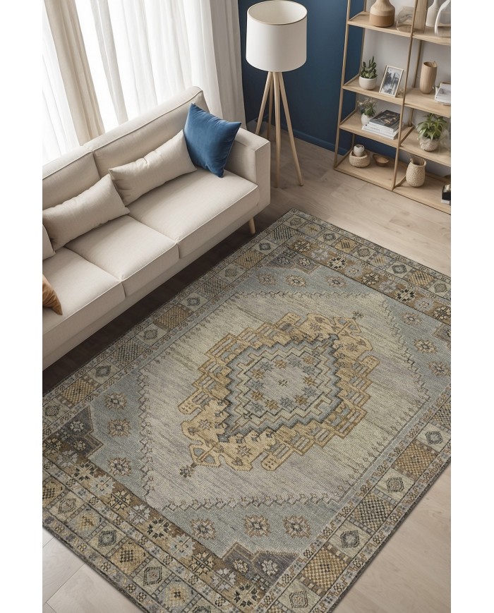 Lunka Vintage Desenli Pamuk Tabanlı Yıkanabilen Kaydırmaz Antibakteriyel Şönil Salon Halısı