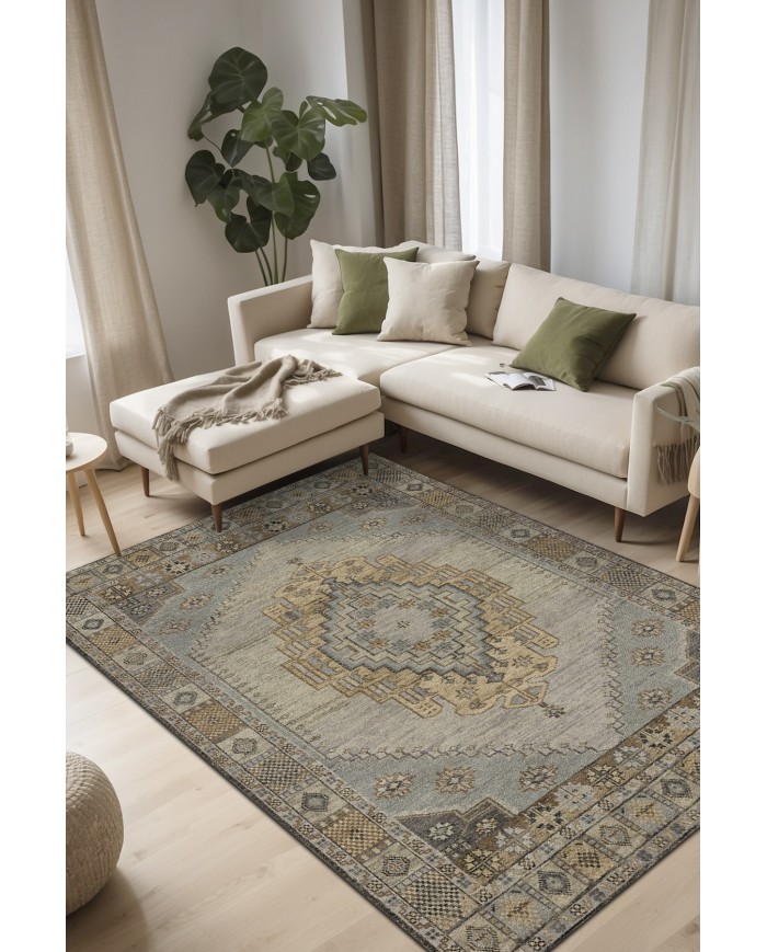 Lunka Vintage Desenli Pamuk Tabanlı Yıkanabilen Kaydırmaz Antibakteriyel Şönil Salon Halısı
