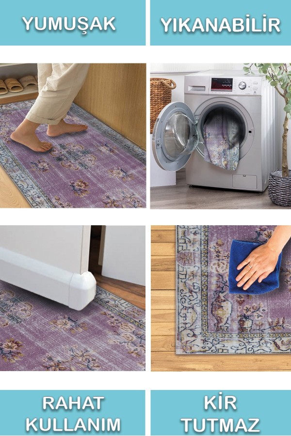 Lavans Vintage Desenli Pamuk Tabanlı Yıkanabilen Kaydırmaz Antibakteriyel Şönil Salon Halısı