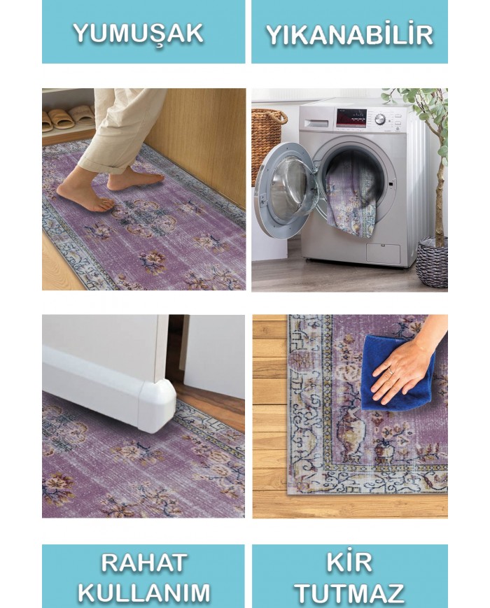 Lavans Vintage Desenli Pamuk Tabanlı Yıkanabilen Kaydırmaz Antibakteriyel Şönil Salon Halısı
