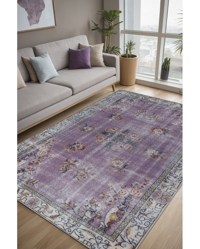 Lavans Vintage Desenli Pamuk Tabanlı Yıkanabilen Kaydırmaz Antibakteriyel Şönil Salon Halısı