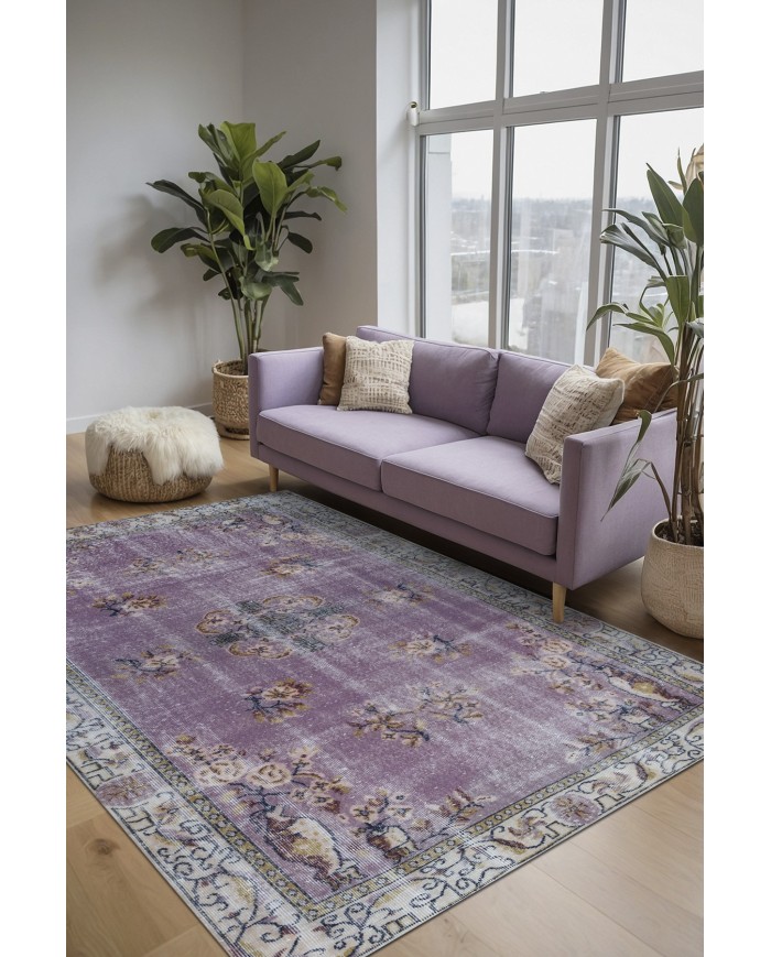 Lavans Vintage Desenli Pamuk Tabanlı Yıkanabilen Kaydırmaz Antibakteriyel Şönil Salon Halısı