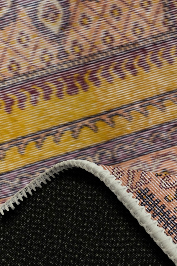 Felenta Vintage Desenli Pamuk Tabanlı Yıkanabilen Kaydırmaz Antibakteriyel Şönil Salon Halısı