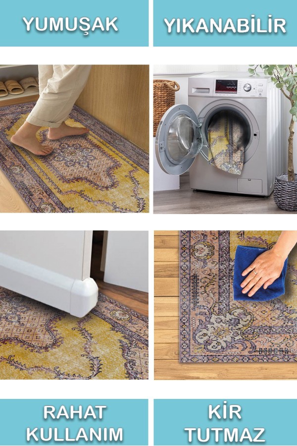 Felenta Vintage Desenli Pamuk Tabanlı Yıkanabilen Kaydırmaz Antibakteriyel Şönil Salon Halısı