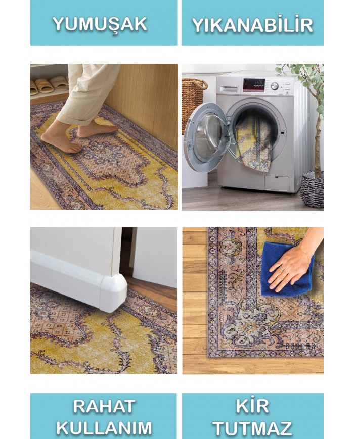 Felenta Vintage Desenli Pamuk Tabanlı Yıkanabilen Kaydırmaz Antibakteriyel Şönil Salon Halısı