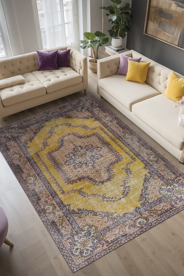 Felenta Vintage Desenli Pamuk Tabanlı Yıkanabilen Kaydırmaz Antibakteriyel Şönil Salon Halısı
