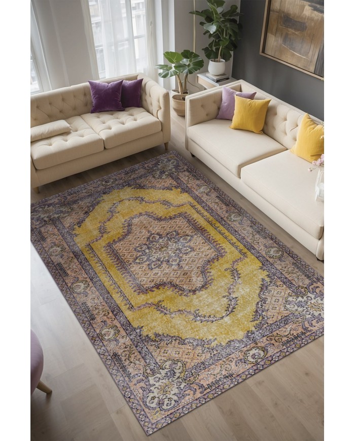 Felenta Vintage Desenli Pamuk Tabanlı Yıkanabilen Kaydırmaz Antibakteriyel Şönil Salon Halısı