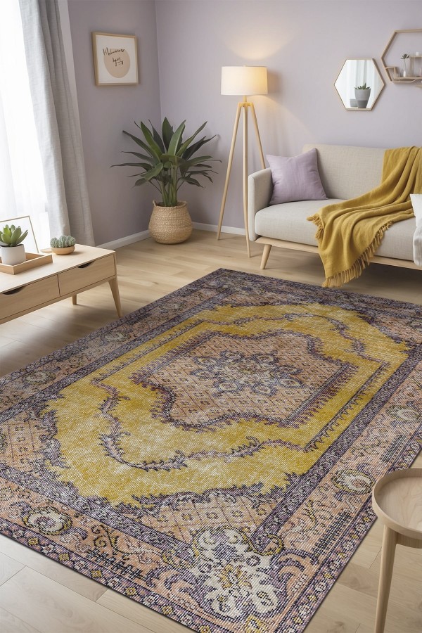 Felenta Vintage Desenli Pamuk Tabanlı Yıkanabilen Kaydırmaz Antibakteriyel Şönil Salon Halısı