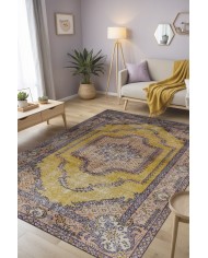 Felenta Vintage Desenli Pamuk Tabanlı Yıkanabilen Kaydırmaz Antibakteriyel Şönil Salon Halısı