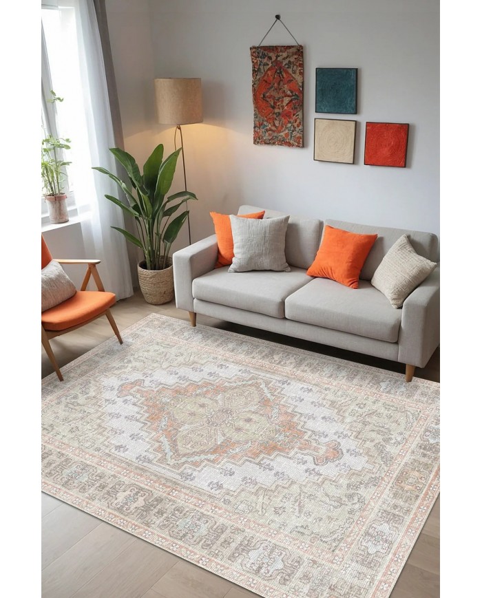 Artur Vintage Desenli Pamuk Tabanlı Yıkanabilen Kaydırmaz Antibakteriyel Şönil Salon Halısı