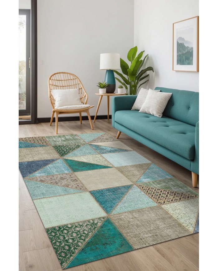 Lavi Patchwork Desenli Pamuk Tabanlı Yıkanabilen Kaymaz Antibakteriyel Şönil Salon Halısı