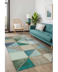 Lavi Patchwork Desenli Pamuk Tabanlı Yıkanabilen Kaymaz Antibakteriyel Şönil Salon Halısı