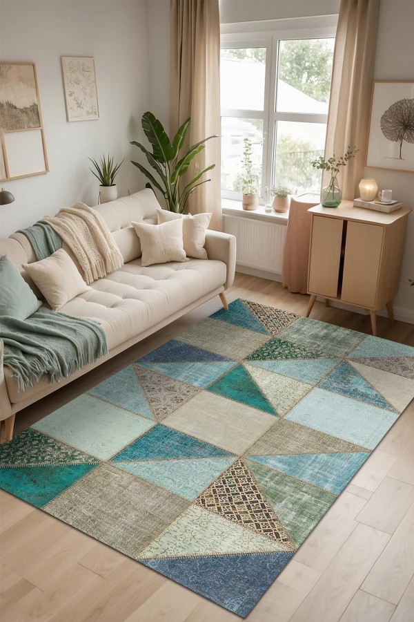 Lavi Patchwork Desenli Pamuk Tabanlı Yıkanabilen Kaymaz Antibakteriyel Şönil Salon Halısı