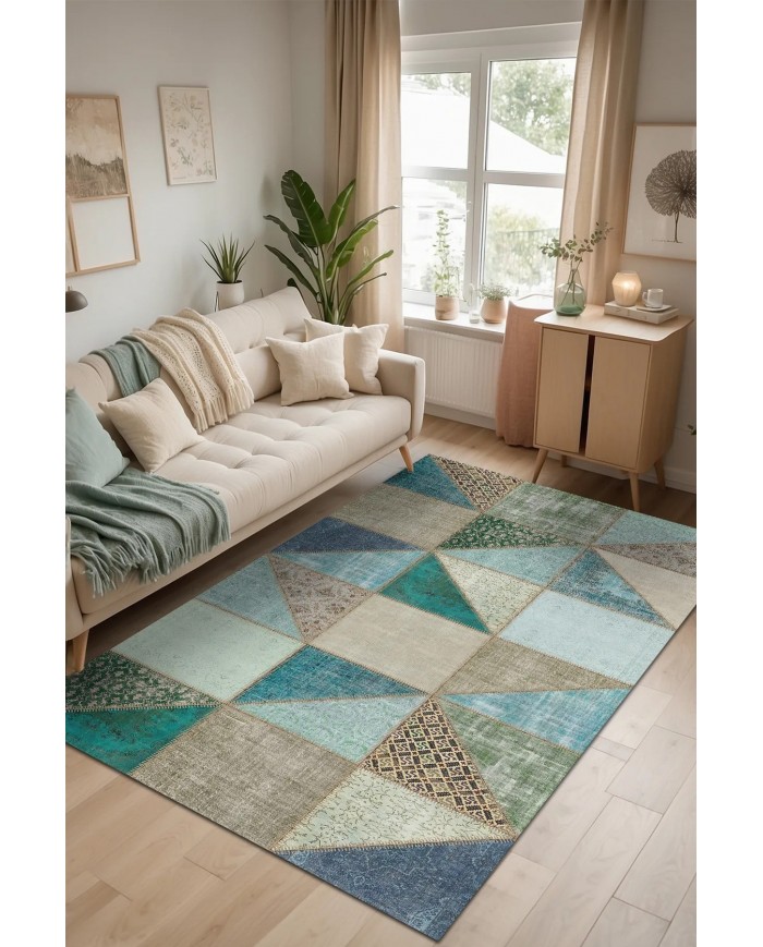 Lavi Patchwork Desenli Pamuk Tabanlı Yıkanabilen Kaymaz Antibakteriyel Şönil Salon Halısı