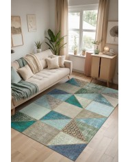 Lavi Patchwork Desenli Pamuk Tabanlı Yıkanabilen Kaymaz Antibakteriyel Şönil Salon Halısı