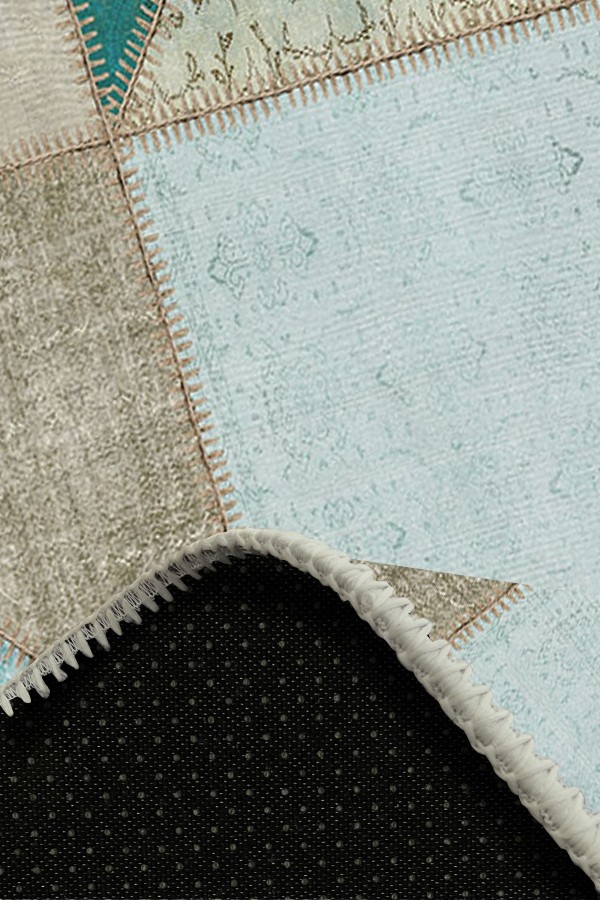 Lavi Patchwork Desenli Pamuk Tabanlı Yıkanabilen Kaymaz Antibakteriyel Şönil Salon Halısı