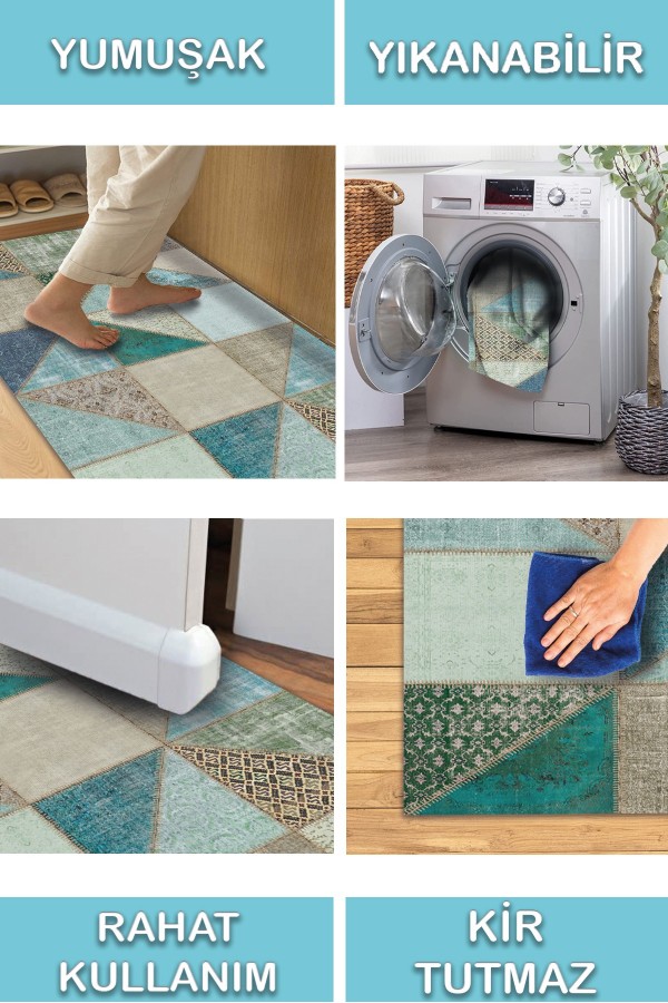 Lavi Patchwork Desenli Pamuk Tabanlı Yıkanabilen Kaymaz Antibakteriyel Şönil Salon Halısı