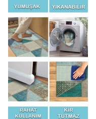 Lavi Patchwork Desenli Pamuk Tabanlı Yıkanabilen Kaymaz Antibakteriyel Şönil Salon Halısı