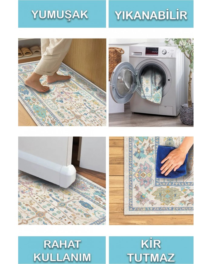 Sunse Vintage Desenli Pamuk Tabanlı Yıkanabilen Kaydırmaz Antibakteriyel Şönil Salon Halısı