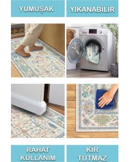 Sunse Vintage Desenli Pamuk Tabanlı Yıkanabilen Kaydırmaz Antibakteriyel Şönil Salon Halısı