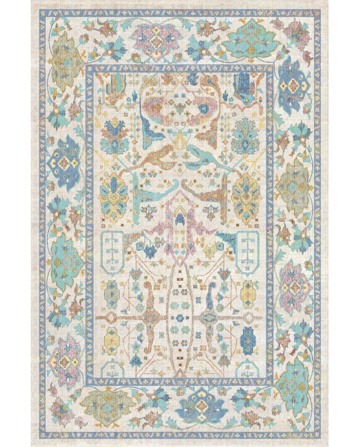 Sunse Vintage Desenli Pamuk Tabanlı Yıkanabilen Kaydırmaz Antibakteriyel Şönil Salon Halısı