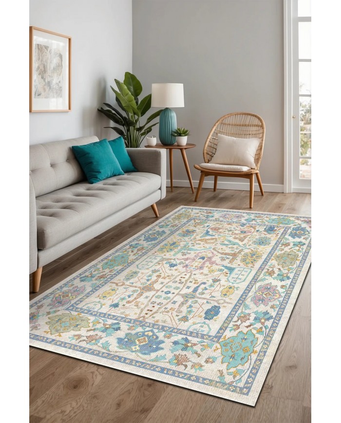 Sunse Vintage Desenli Pamuk Tabanlı Yıkanabilen Kaydırmaz Antibakteriyel Şönil Salon Halısı