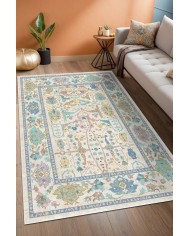 Sunse Vintage Desenli Pamuk Tabanlı Yıkanabilen Kaydırmaz Antibakteriyel Şönil Salon Halısı