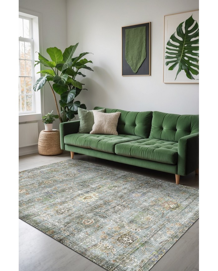 Bliss Vintage Desenli Pamuk Tabanlı Yıkanabilen Kaydırmaz Antibakteriyel Şönil Salon Halısı