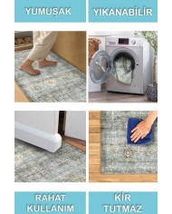 Bliss Vintage Desenli Pamuk Tabanlı Yıkanabilen Kaydırmaz Antibakteriyel Şönil Salon Halısı