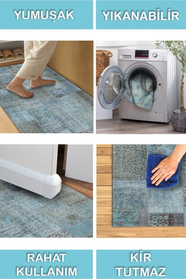 Cosy Patchwork Desenli Pamuk Tabanlı Yıkanabilen Kaydırmaz Antibakteriyel Şönil Salon Halısı