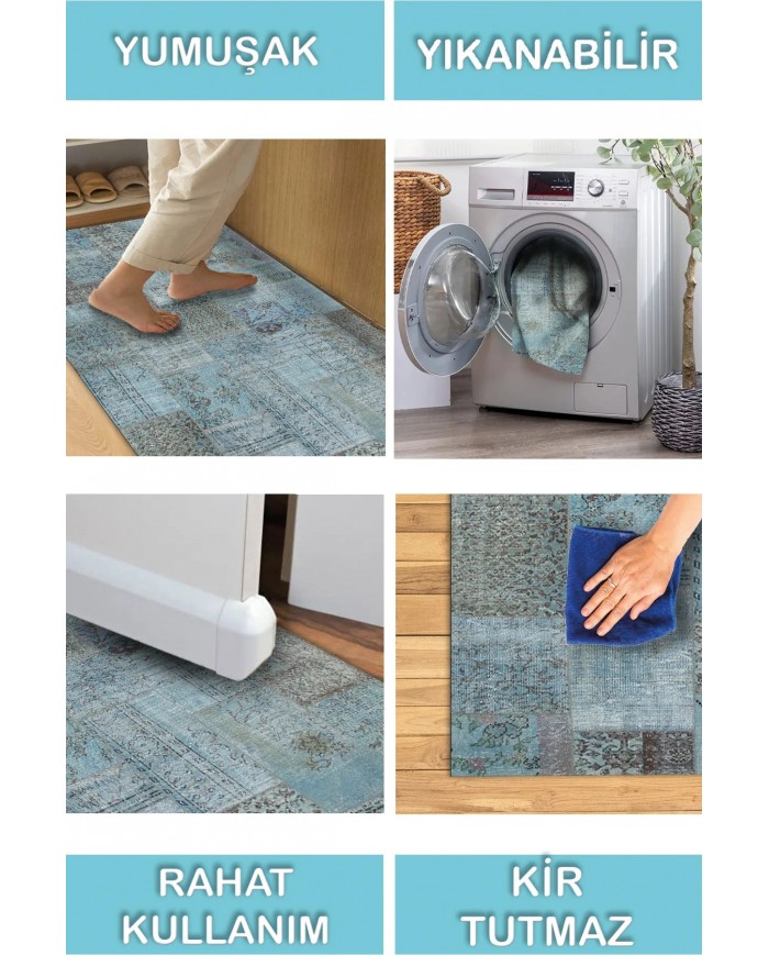 Cosy Patchwork Desenli Pamuk Tabanlı Yıkanabilen Kaydırmaz Antibakteriyel Şönil Salon Halısı