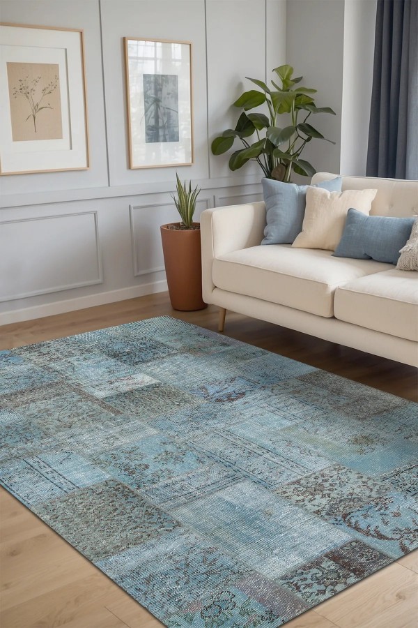 Cosy Patchwork Desenli Pamuk Tabanlı Yıkanabilen Kaydırmaz Antibakteriyel Şönil Salon Halısı