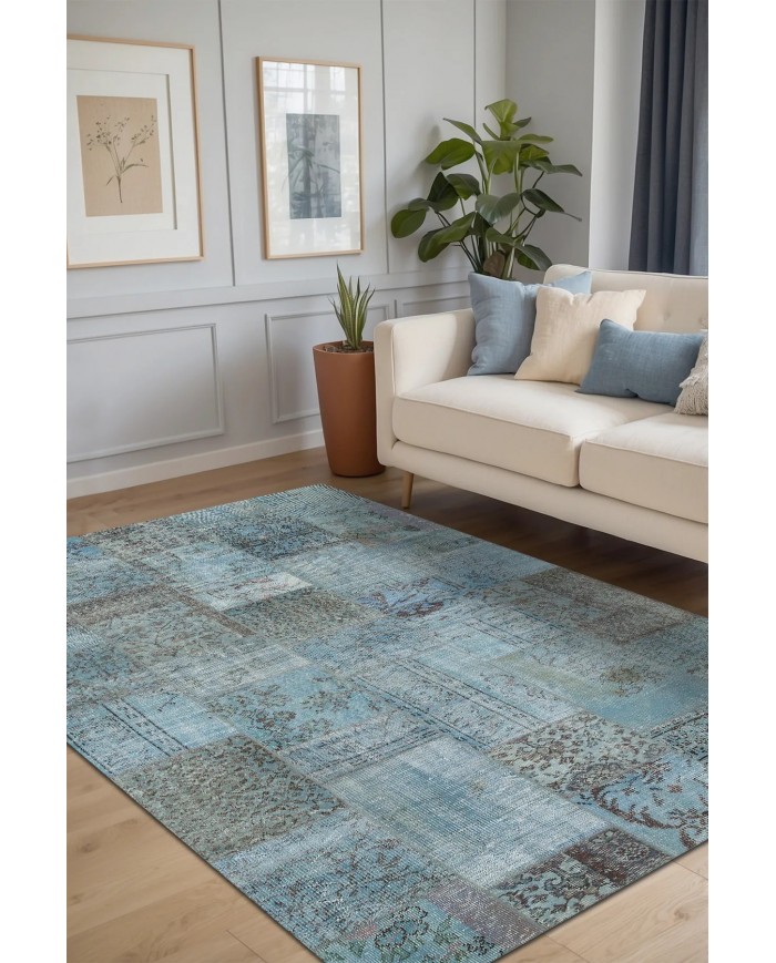 Cosy Patchwork Desenli Pamuk Tabanlı Yıkanabilen Kaydırmaz Antibakteriyel Şönil Salon Halısı