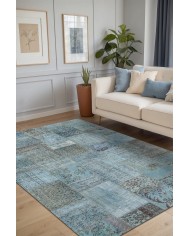 Cosy Patchwork Desenli Pamuk Tabanlı Yıkanabilen Kaydırmaz Antibakteriyel Şönil Salon Halısı