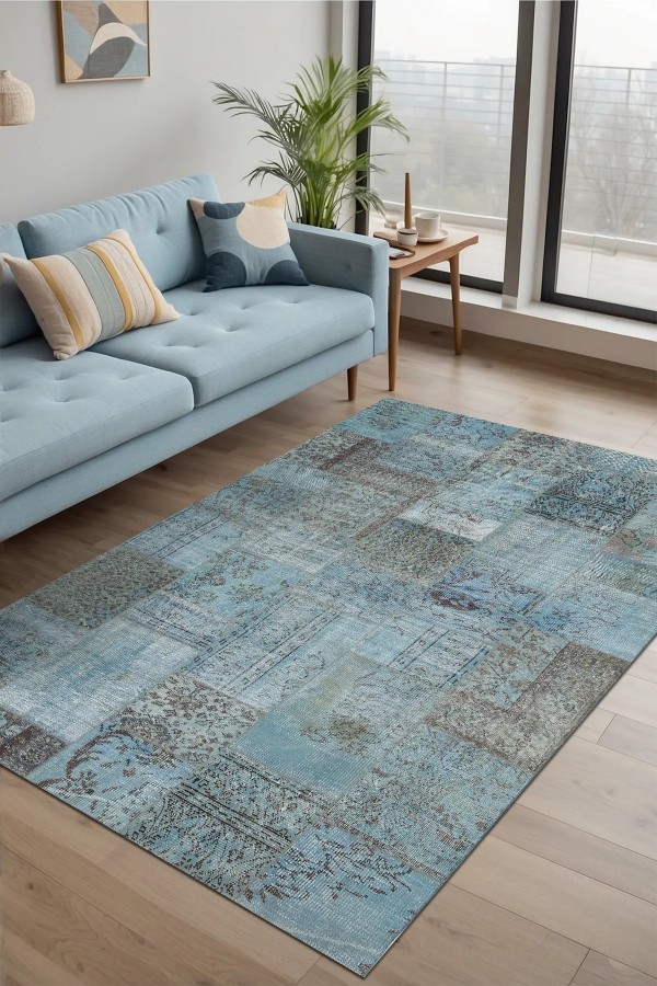 Cosy Patchwork Desenli Pamuk Tabanlı Yıkanabilen Kaydırmaz Antibakteriyel Şönil Salon Halısı