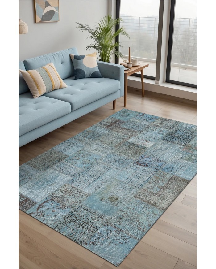 Cosy Patchwork Desenli Pamuk Tabanlı Yıkanabilen Kaydırmaz Antibakteriyel Şönil Salon Halısı