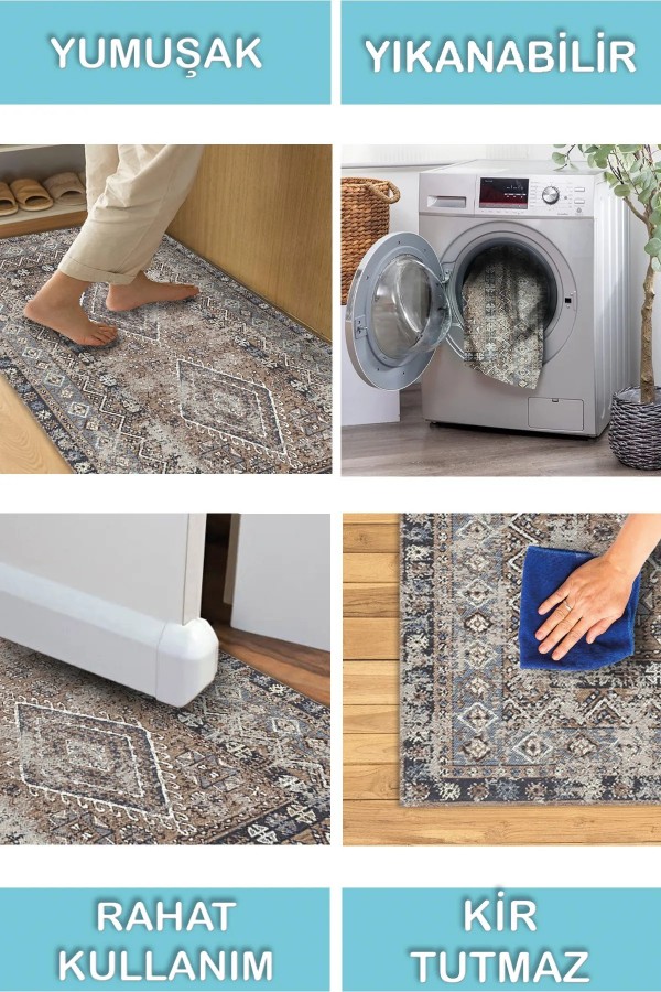 Crest Vintage Desenli Pamuk Tabanlı Yıkanabilen Kaydırmaz Antibakteriyel Şönil Salon Halısı