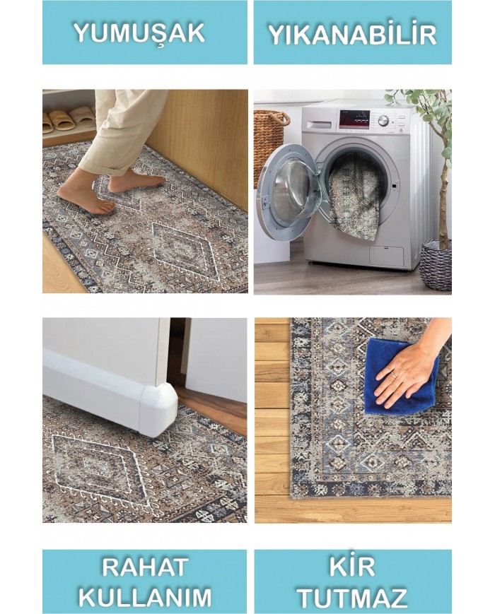 Crest Vintage Desenli Pamuk Tabanlı Yıkanabilen Kaydırmaz Antibakteriyel Şönil Salon Halısı