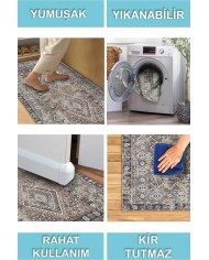 Crest Vintage Desenli Pamuk Tabanlı Yıkanabilen Kaydırmaz Antibakteriyel Şönil Salon Halısı