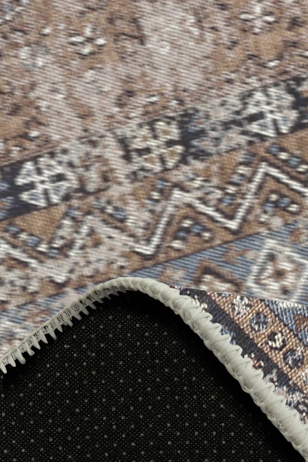 Crest Vintage Desenli Pamuk Tabanlı Yıkanabilen Kaydırmaz Antibakteriyel Şönil Salon Halısı