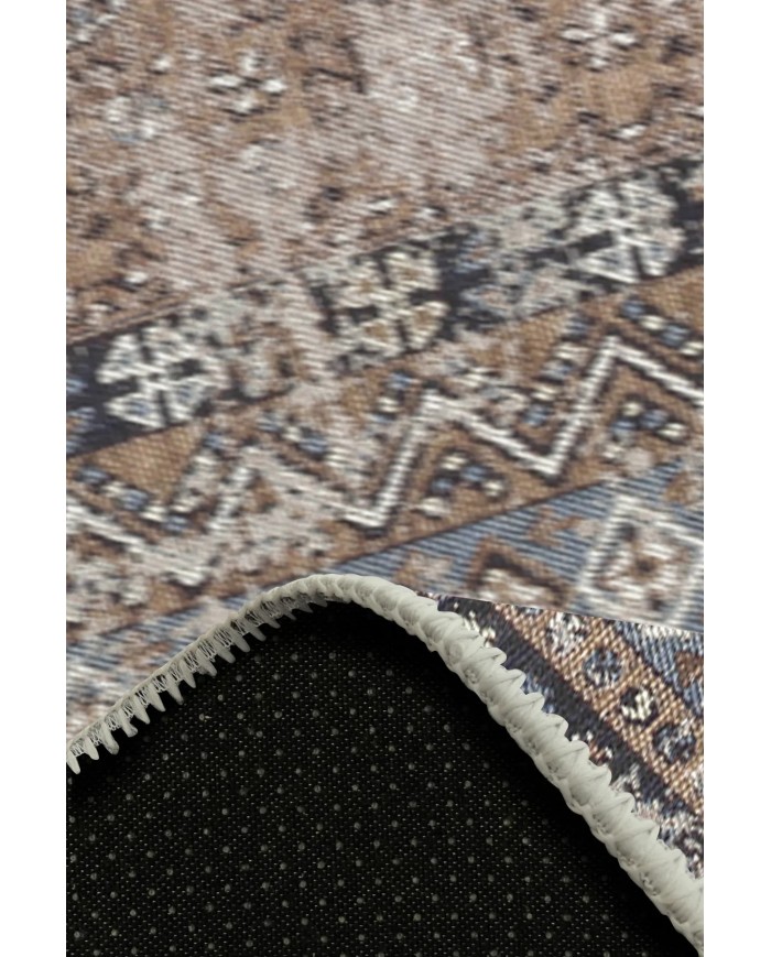 Crest Vintage Desenli Pamuk Tabanlı Yıkanabilen Kaydırmaz Antibakteriyel Şönil Salon Halısı