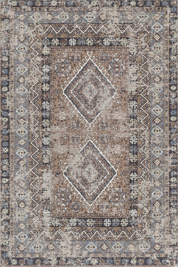 Crest Vintage Desenli Pamuk Tabanlı Yıkanabilen Kaydırmaz Antibakteriyel Şönil Salon Halısı